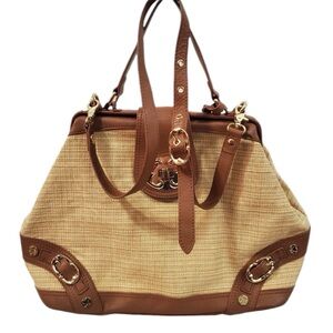 Emma Fox Newport Straw & Brown Leather Trim Bag with Floral Cotton Lining